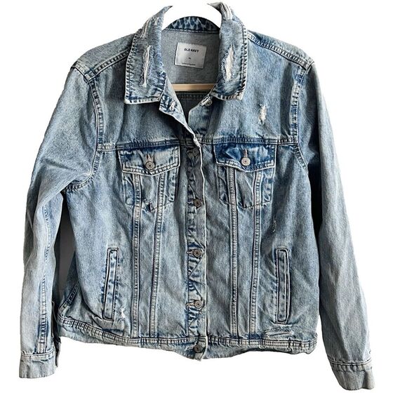 Old Navy Distressed Denim Jacket Womens XL Classic Jean Trucker Cotton *flaw - Picture 1 of 16